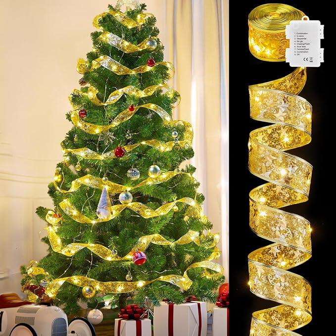 Christmas Tree Ribbon String Lights - 33ft 100 LED Battery Powered Fairy Lights with Timer and 8 Lighting Modes, Christmas Ribbon Bows Lights for 6ft - 8ft Christmas Tree New Year Decor, Gold