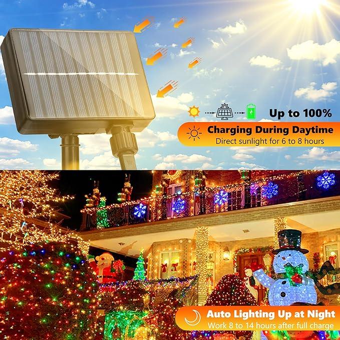 Christmas Lights, 105ft 300 LED 8 Modes Solar String Lights Waterproof Fairy Tree Lights for Garden, Patio, Fence, Balcony, Outdoors (Multicolor)