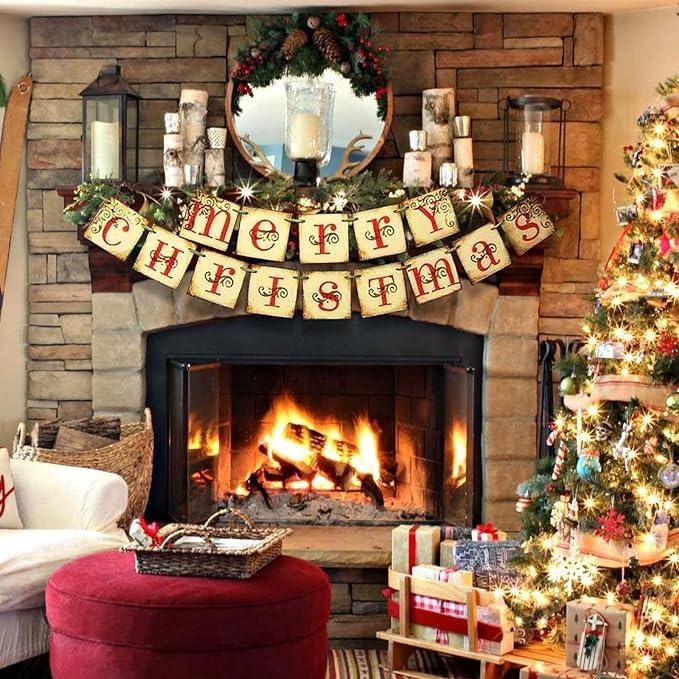 Christmas Decorations - Vintage Merry Christmas Banner - Retro Nostalgic Traditional Old Fashioned Victorian Xmas Holiday Decor for Indoor Home Office Fireplace Mantle Farmhouse