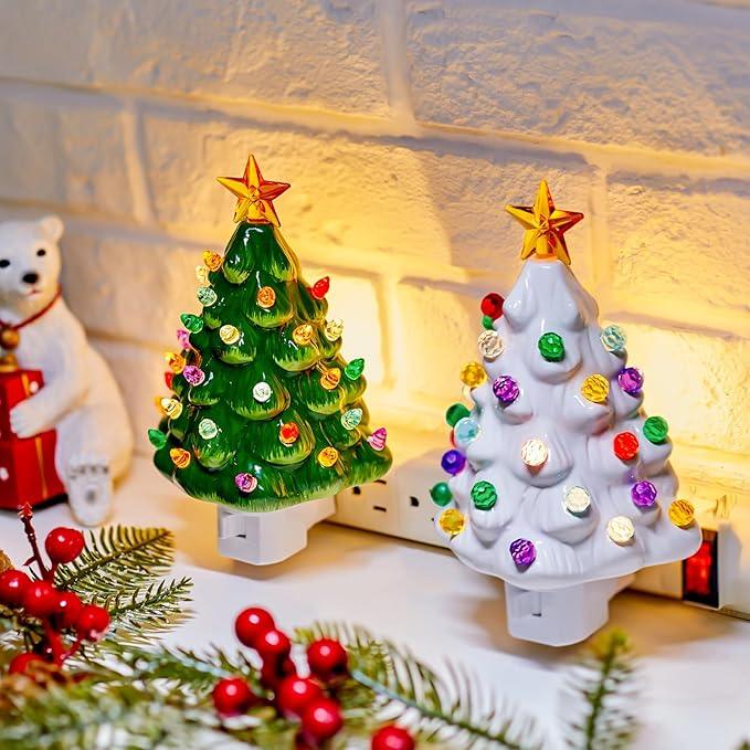 Christmas Tree Night Light - Vintage Christmas Night Light with ON/Off Switch, Living Room Xmas Holiday Decor, Green and White