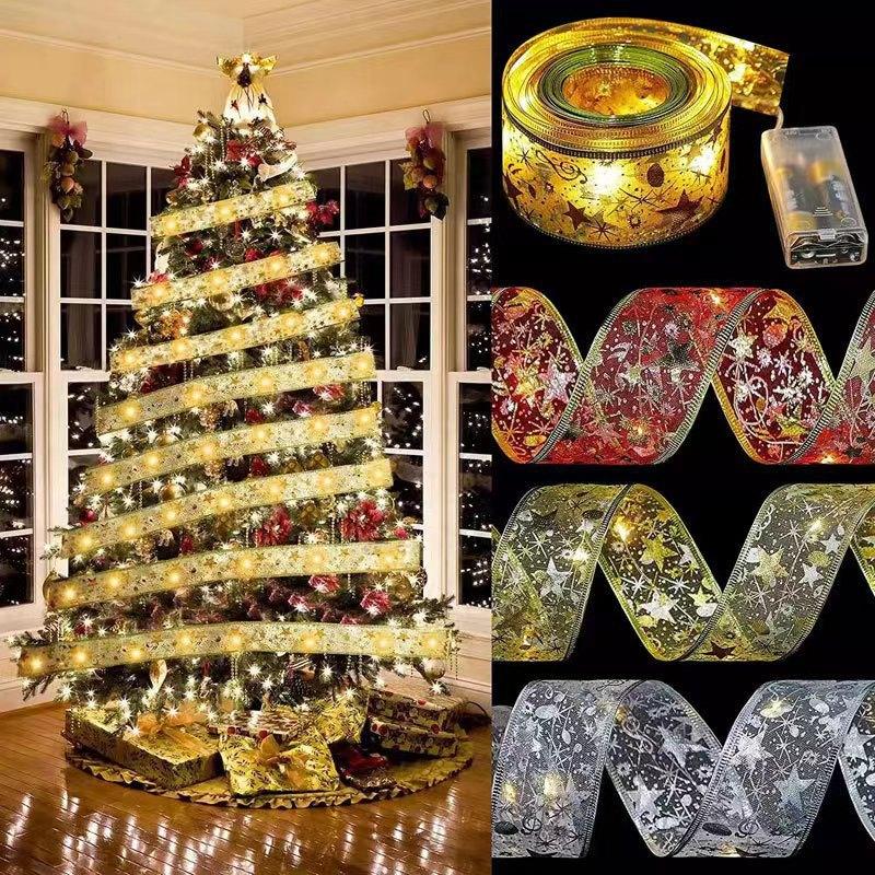 Christmas Tree Ribbon String Lights - 33ft 100 LED Battery Powered Fairy Lights with Timer and 8 Lighting Modes, Christmas Ribbon Bows Lights for 6ft - 8ft Christmas Tree New Year Decor, Gold