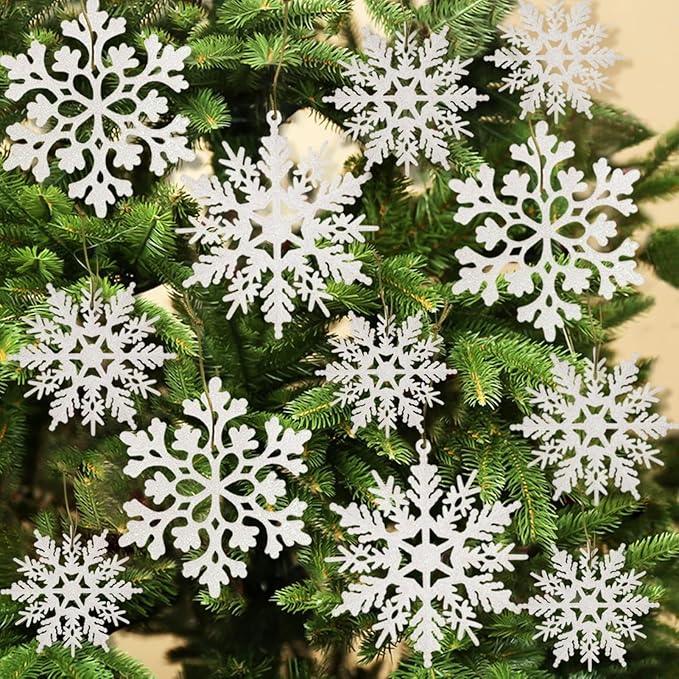 Christmas Snowflake Ornaments for Tree Decorations Glittery Gold Powder Coated Plastic Hanging Baubles