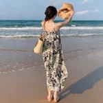 Summer Beach V-neck Slim Casual Maxi Dress for Women Sleeveless Floral Shift Lace Loose Vacation