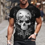 T-Shirt Gothique ?? Manches Courtes et Col Ras du Cou pour Homme, Streetwear, Cool, Noir, Graphique, T??te de Mort, C?ur, Mains, ?? la Mode, pour Halloween - Image 7