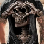 T-Shirt Gothique ?? Manches Courtes et Col Ras du Cou pour Homme, Streetwear, Cool, Noir, Graphique, T??te de Mort, C?ur, Mains, ?? la Mode, pour Halloween - Image 6